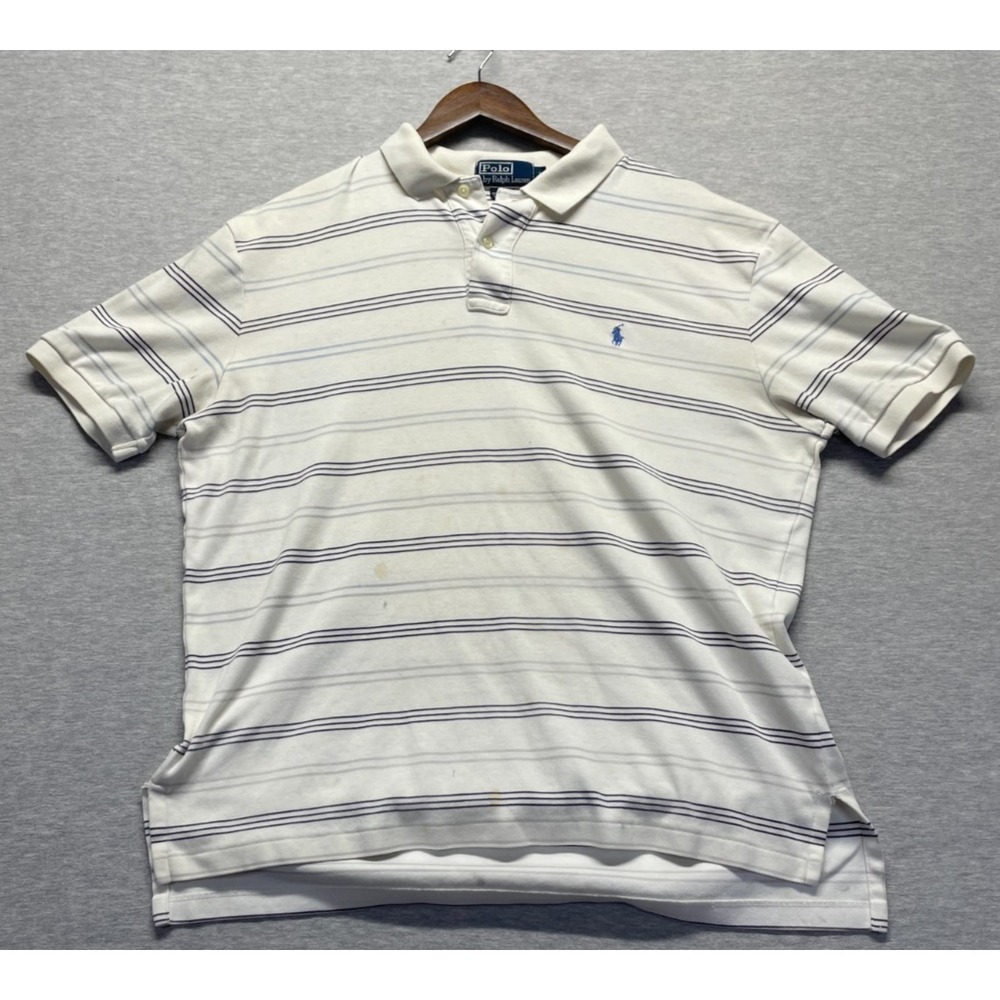 Polo Ralph Lauren Polo Shirt Mens Large White Multi Striped Cotton Golf Tennis
